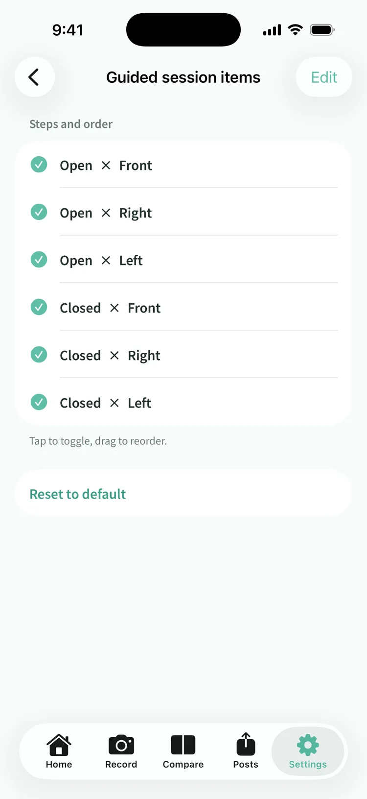 The settings screen for choosing which shots burst mode takes and in what order