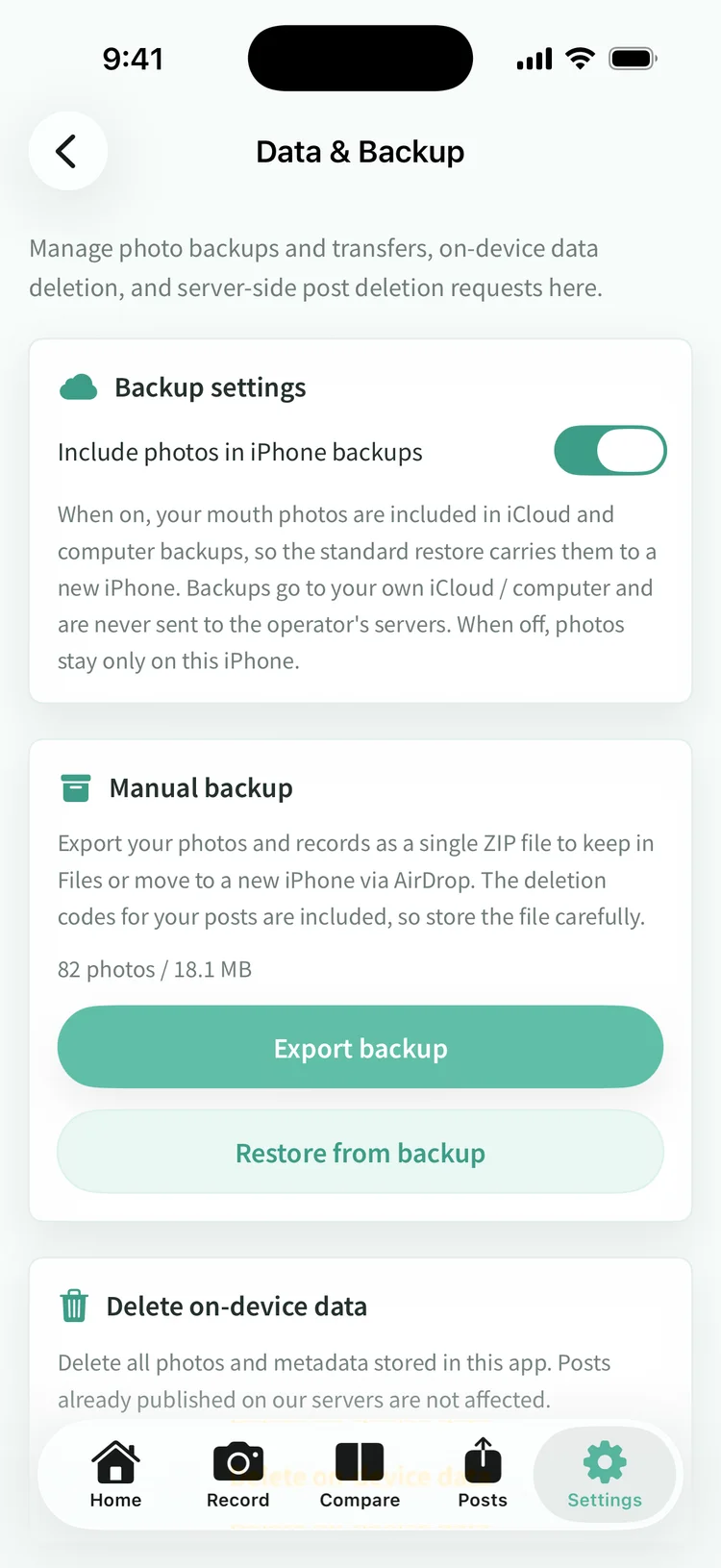The data and backup settings screen